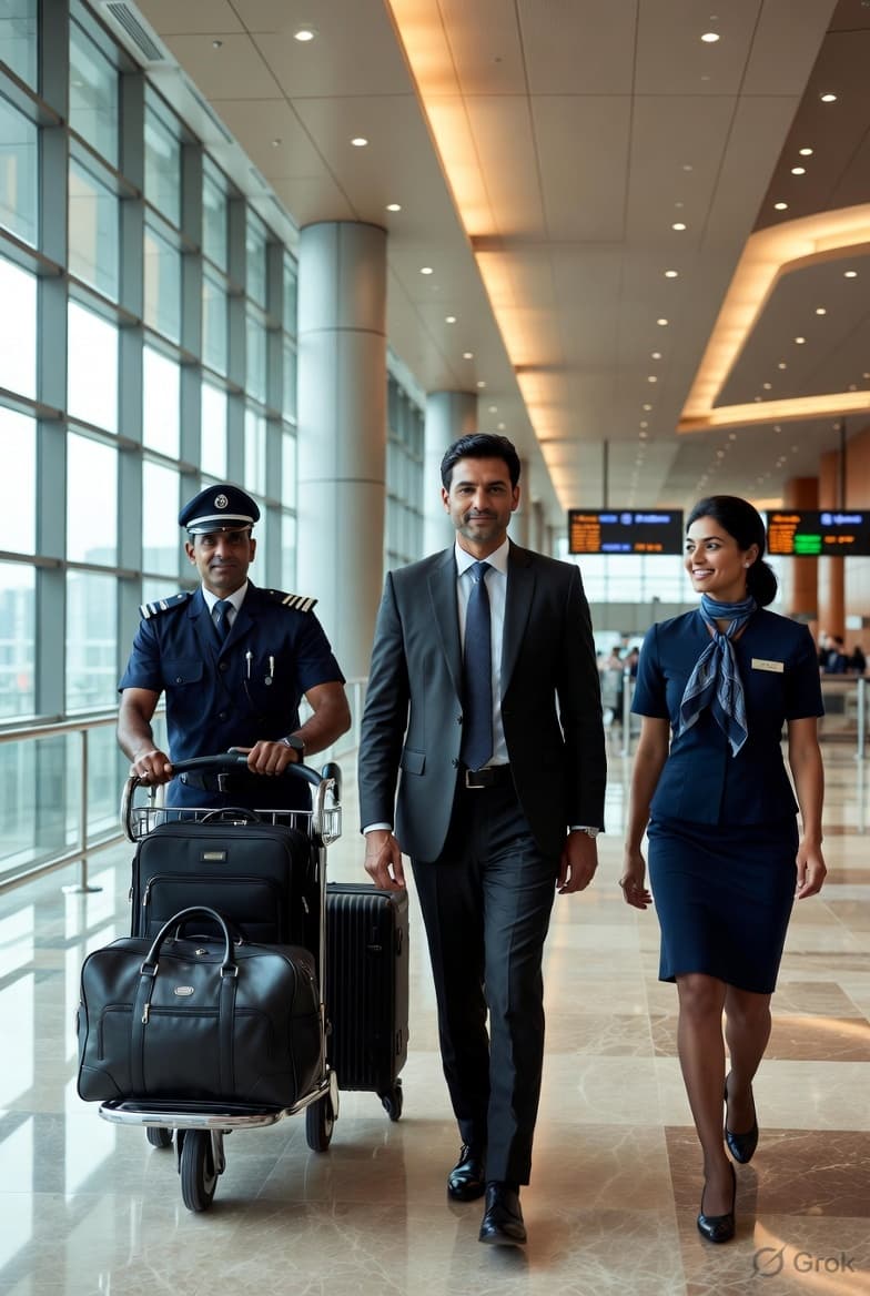 AirportPorterService team — porter, executive traveller and female greeter walking through a modern Indian airport terminal